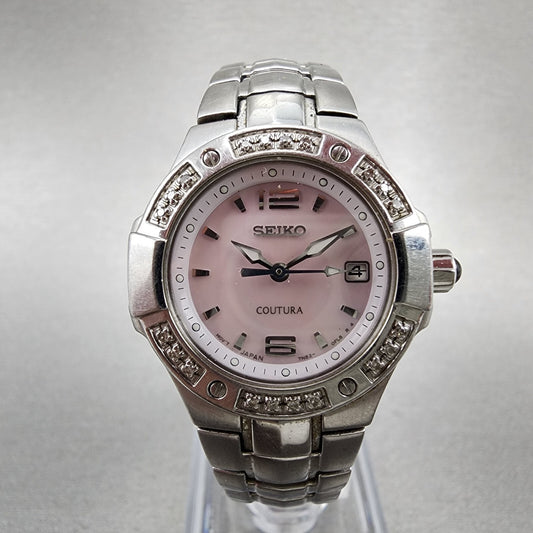 Seiko Watch Women 27mm MOP Dial Steel Date Round Diamonds 7n820CG0 New Battery0