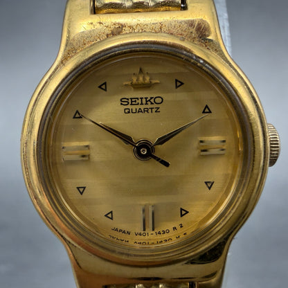 Seiko Watch Women 19mm Champagne Dial Gold Tone Round VTG V401-0510 New Battery71