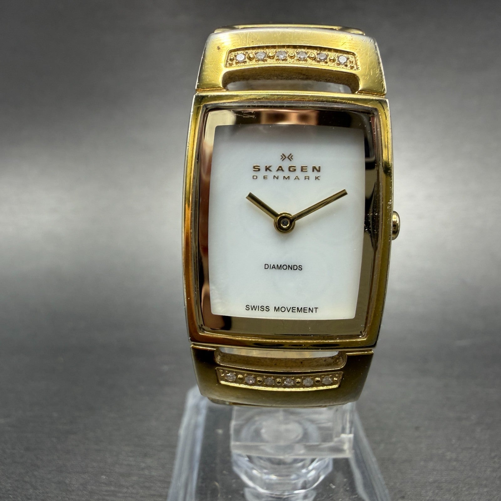 Skagen Tank Watch Women 21mm MOP Dial Gold Tone Diamond Bezel New Battery0