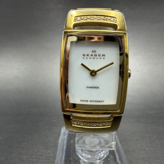 Skagen Tank Watch Women 21mm MOP Dial Gold Tone Diamond Bezel New Battery0