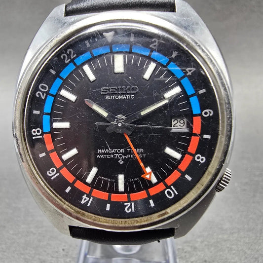 Seiko Navigator Timer Watch Men 41mm Black Dial Steel Date GMT 6117-6419 Runs0
