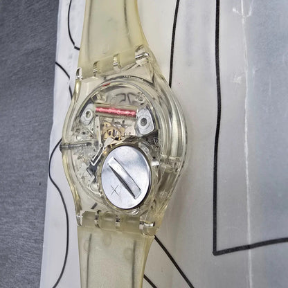 Swatch Scribble Watch Men 34mm Skeleton Dial Clear Case GZ124 New Battery NOS11