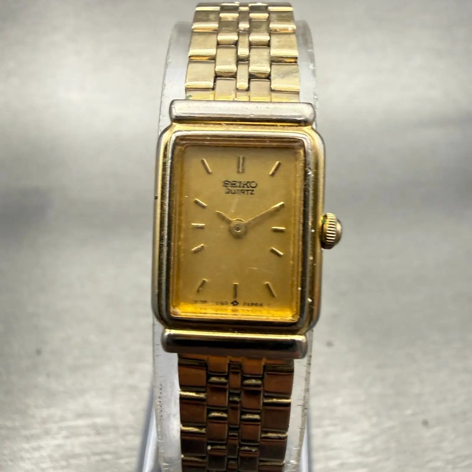 Seiko Watch Women 14mm Gold Dial Gold Tone Rectangle 1F20-5B80 New Battery VTG0