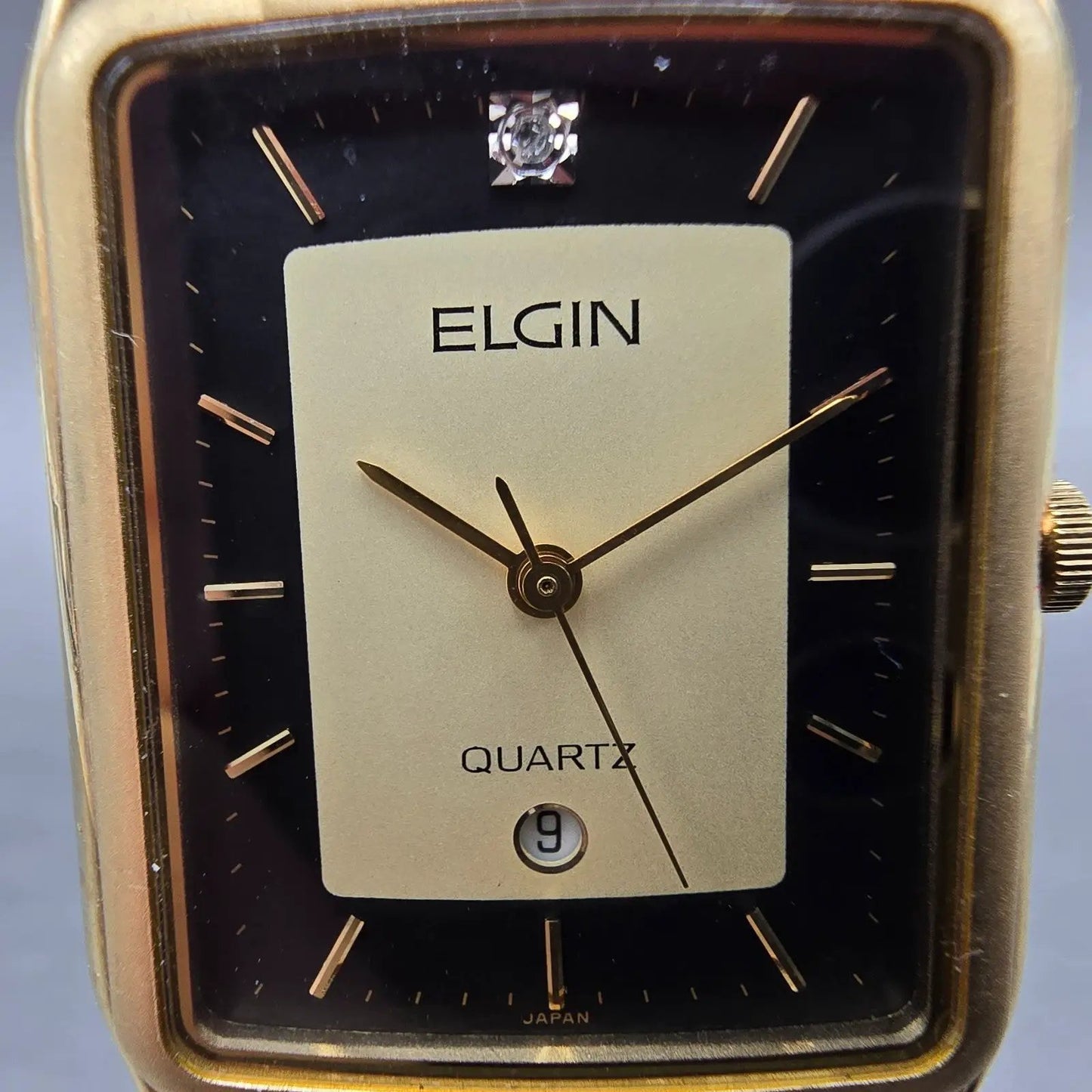 Elgin Tank Watch Men 26mm Black & Gold Dial Gold Tone Date Rectangle New Battery1