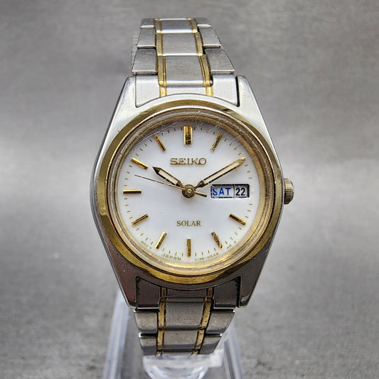 Seiko Solar Watch Women 25mm White Dial Two Tone Daydate Round V1380AA0 Runs0