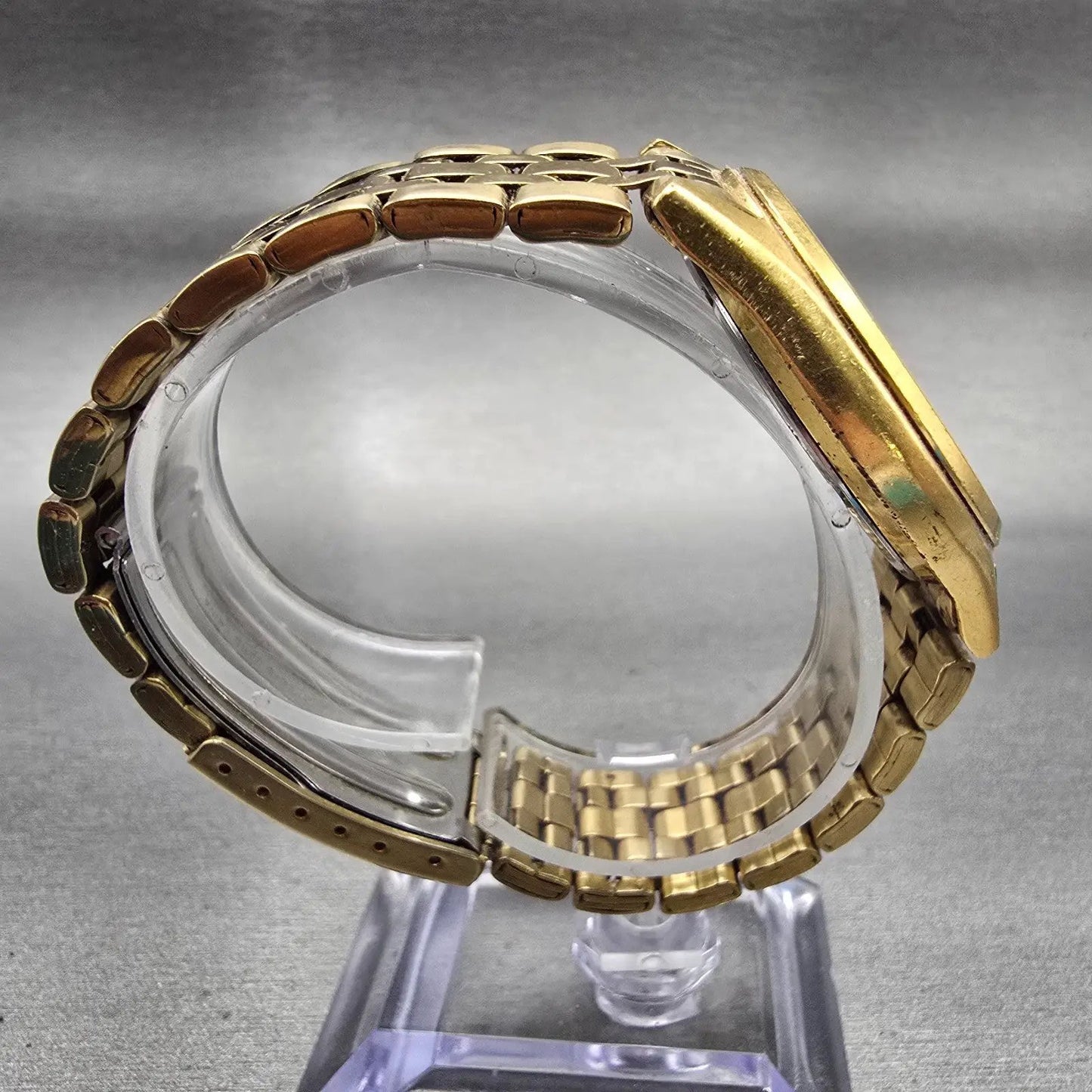 Seiko Watch Men 37mm Gold Dial Gold Tone Daydate Round 7N43-9048 New Battery VTG8