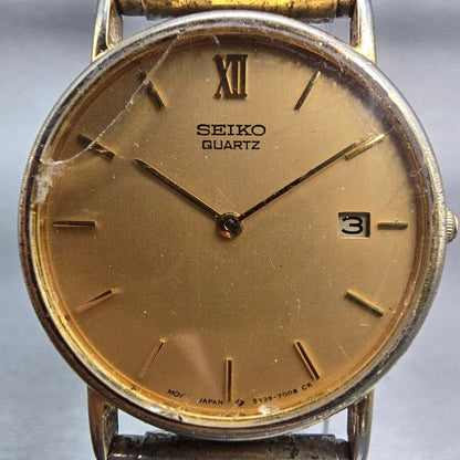 Seiko Watch Men 32mm Gold Dial Gold Tone Date Round 5Y39-7010 New Battery VTG1