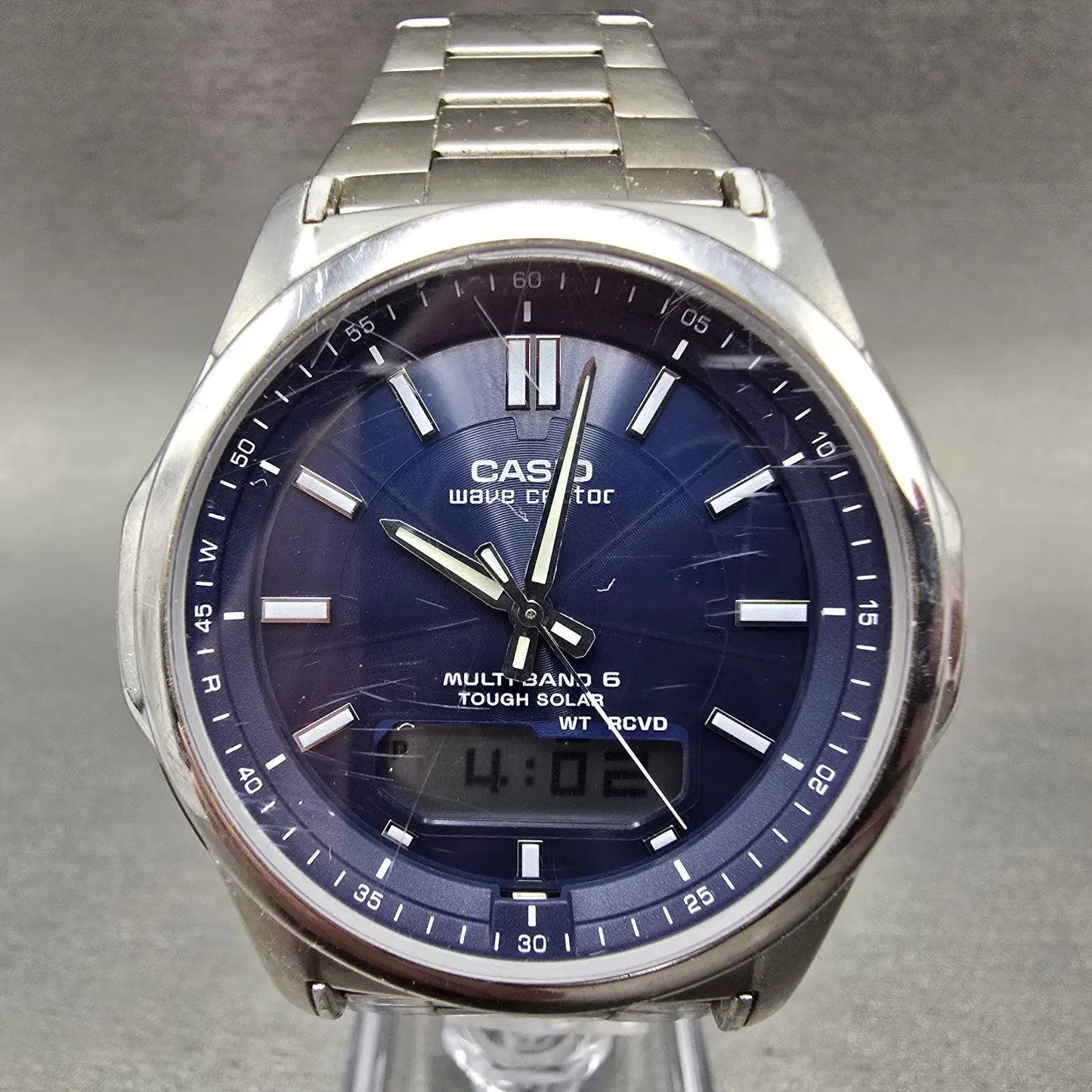 Casio Wave Ceptor Watch Men 42mm Blue Dial Steel Solar Alarm Daydate WVA-M6300