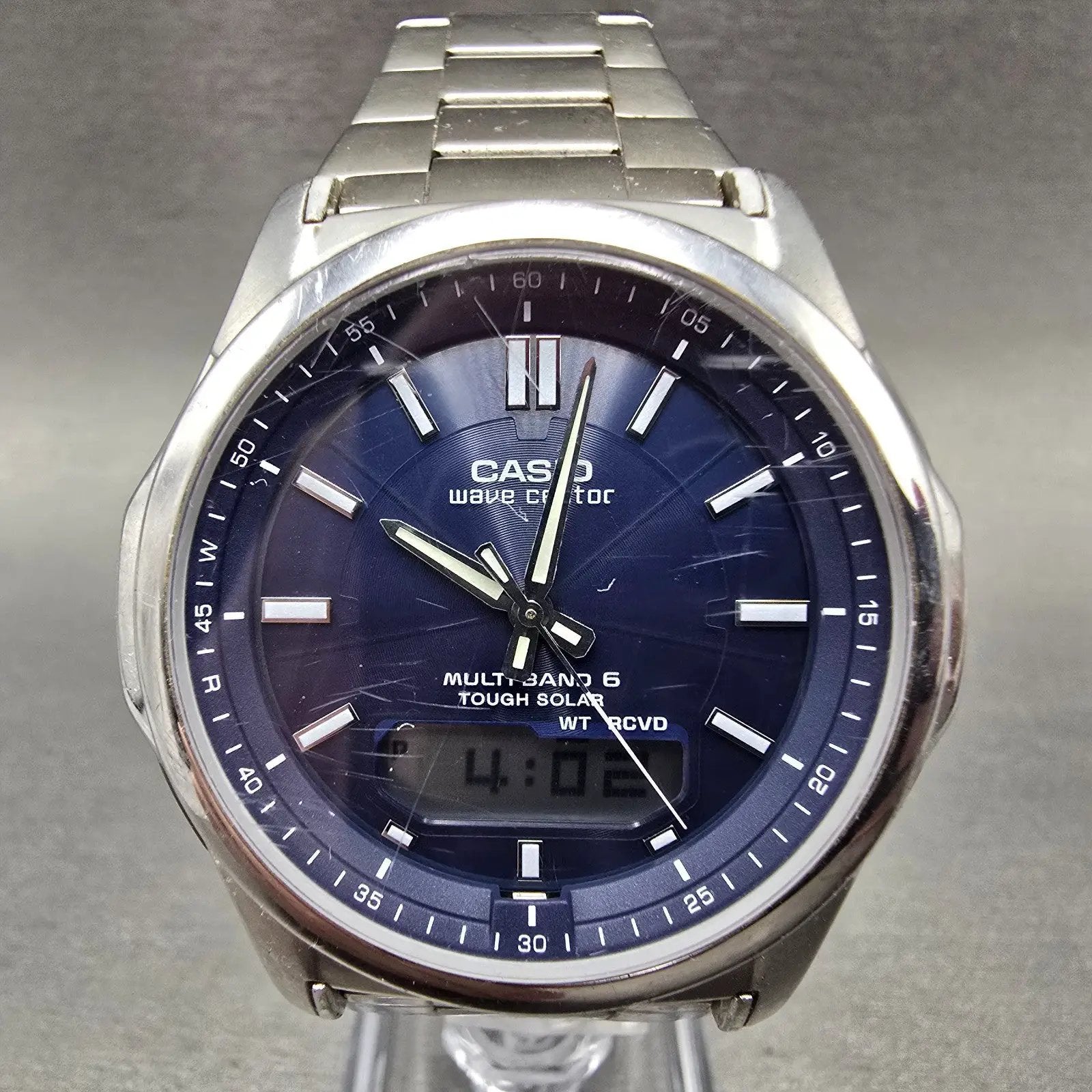 Casio Wave Ceptor Watch Men 42mm Blue Dial Steel Solar Alarm Daydate WVA-M6300