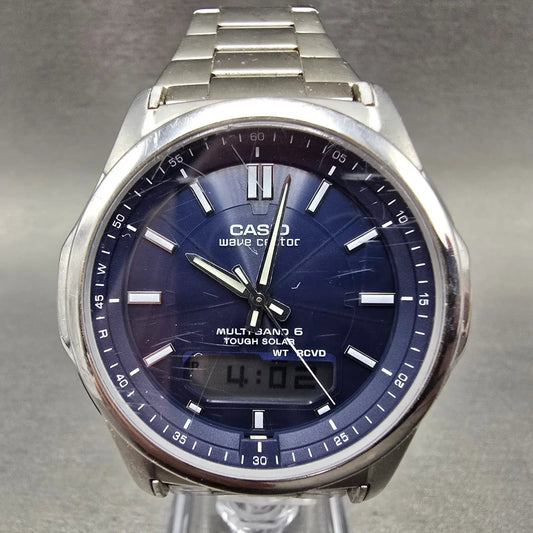Casio Wave Ceptor Watch Men 42mm Blue Dial Steel Solar Alarm Daydate WVA-M6300
