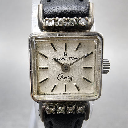 Hamilton Watch Women 15mm White Dial 10K Gold Filled Diamond Bezel New Battery1