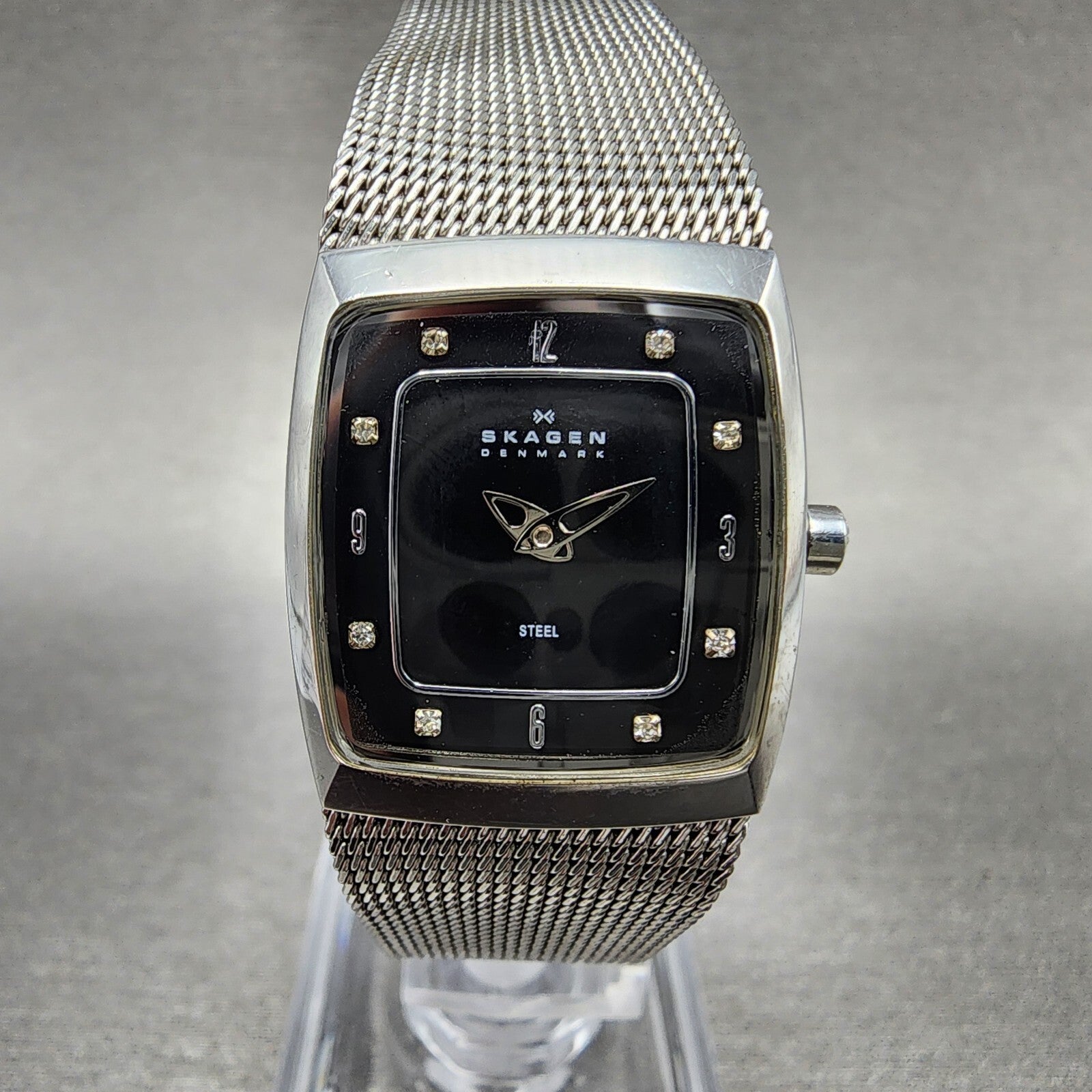 Skagen Tank Watch Women 21mm Black Dial Steel Rectangle 380XSSSSB1 New Battery0