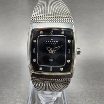 Skagen Tank Watch Women 21mm Black Dial Steel Rectangle 380XSSSSB1 New Battery0