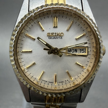 Seiko Watch Women 24mm White Dial Two Tone Daydate Round 7N83-0049 New Batt NJHA1