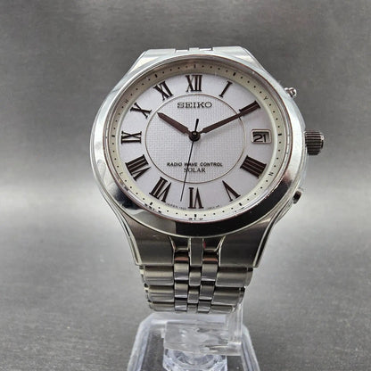 Seiko Solar Watch Men 38mm White Dial Silver Tone Date Atomic 7B22-0AM0 READ!!!!6