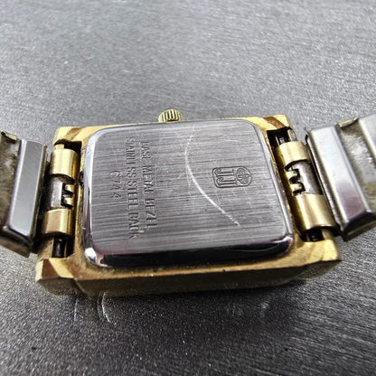 Jules Jurgensen Watch Women 18mm Black Dial Gold Tone Rectangle New Battery VTG9
