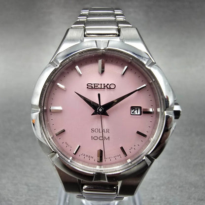 Seiko Solar Watch Women 27mm Pink Dial Silver Date Round V137-0CH0 Runs0