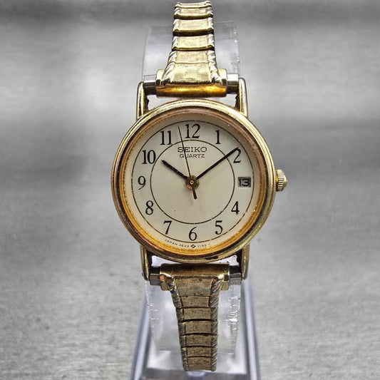 Seiko Watch Women 21mm Cream Dial Gold Tone Date Round 3E22-0069 New Battery VTG0
