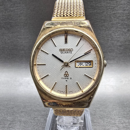 Seiko Type II Watch Men 35mm Silver Dial Gold Tone Daydate 8223-8090 New Batt JP0