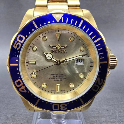 Invicta Pro Diver Watch Men 40mm Champagne Dial Gold Tone Date 14124 New Batt LH0