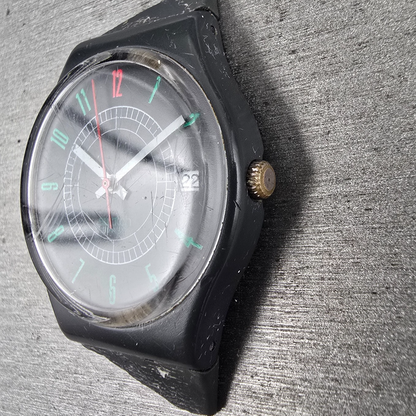 Swatch Ritz Watch Men 34mm Black Dial Black Tone Date Round GA400 New Battery2