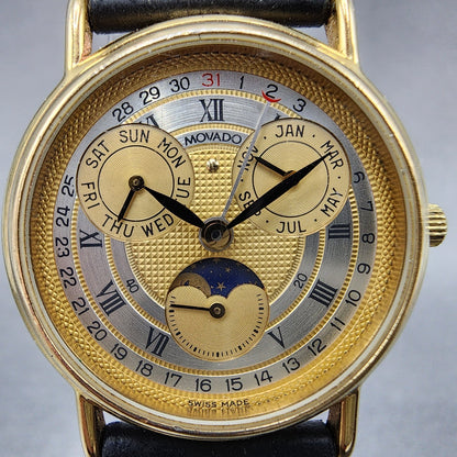 Movado Triple Calendar Moonphase Watch Women 28mm Gold Dial Gold  Runs 87038221