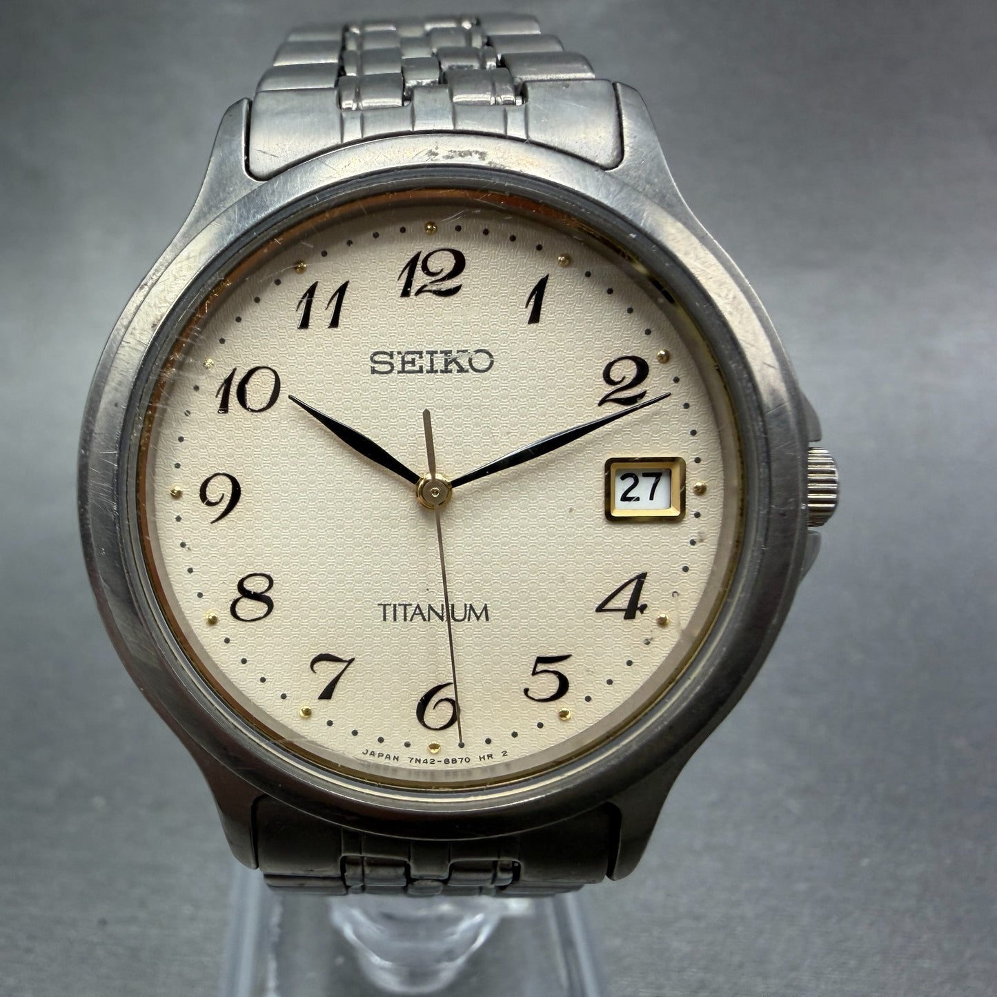 Seiko Watch Men 36mm Cream Dial Titanium Date Round Vintage 7N42-8A60 New Batt0