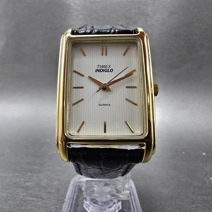 Timex Tank Watch Men 25mm White Dial Gold Rectangle Indiglo New Battery VTG5