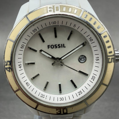 Fossil Stella Watch Women 31mm MOP Dial White Plastic Date Round ES-2544 NewBatt1