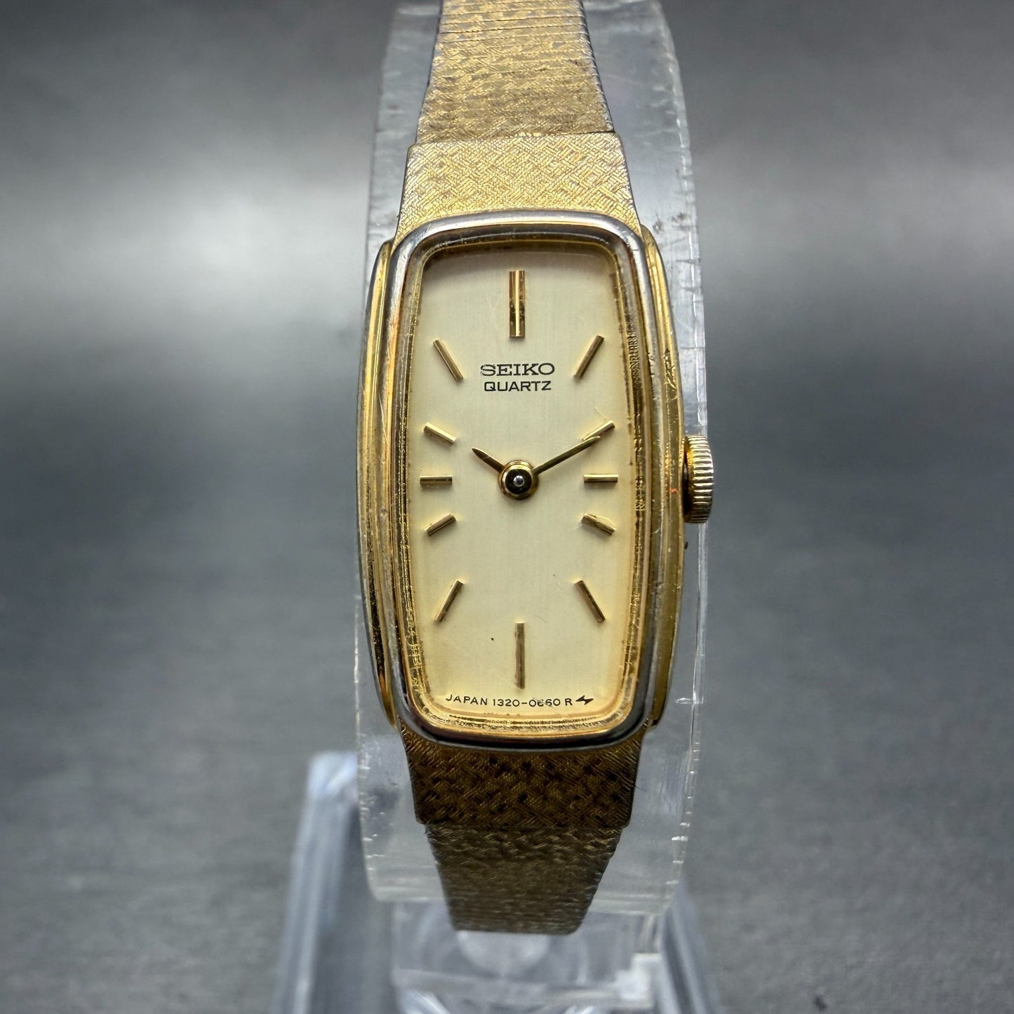 Seiko Tank Watch Women 13mm Champagne Dial Gold Tone 1320-5549 New Battery 76D0