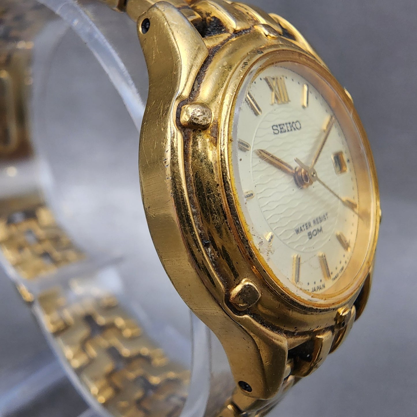 Seiko Watch Women 26mm Champagne Dial Gold Tone Date Round 7n820599 New Battery3