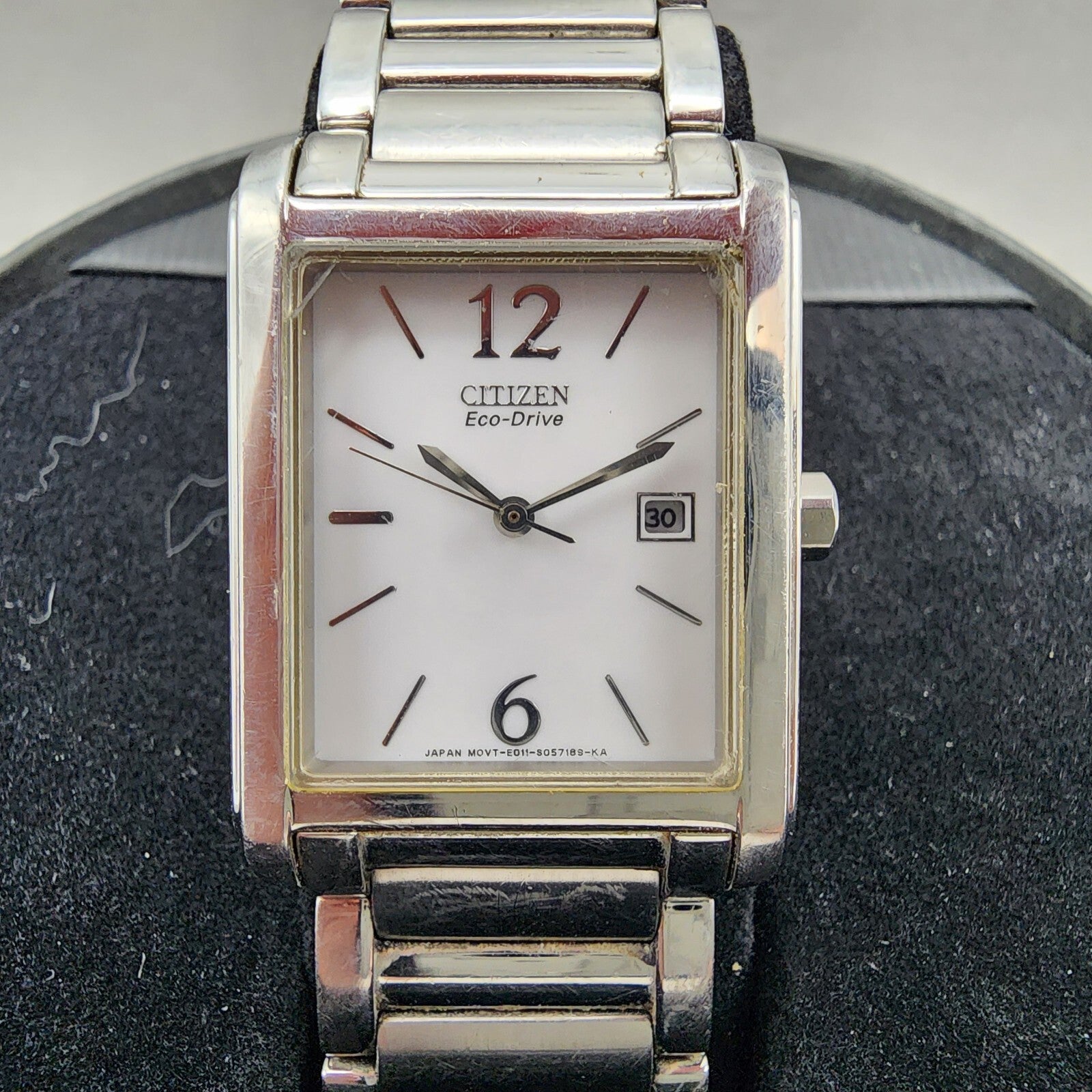 Citizen EcoDrive Tank Watch Women 26mm White Dial Silver Tone Date Runs1