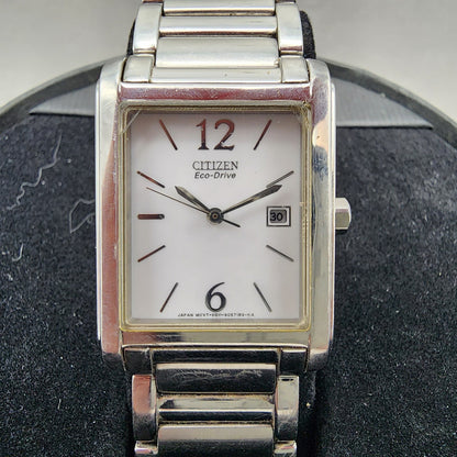 Citizen EcoDrive Tank Watch Women 26mm White Dial Silver Tone Date Runs1