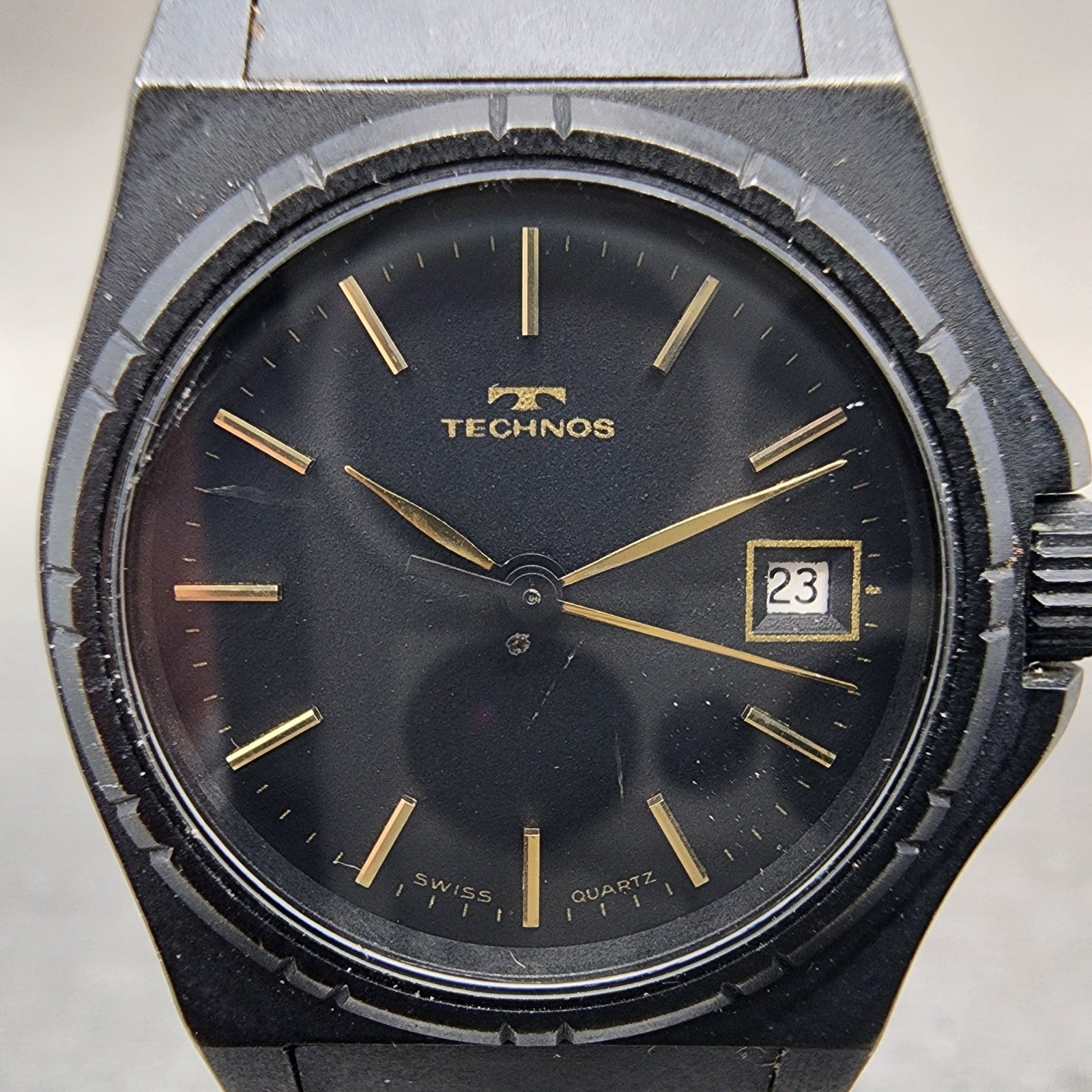 Technos Watch Women 26mm Black Dial Black Tone Date Round 1043 New Battery1