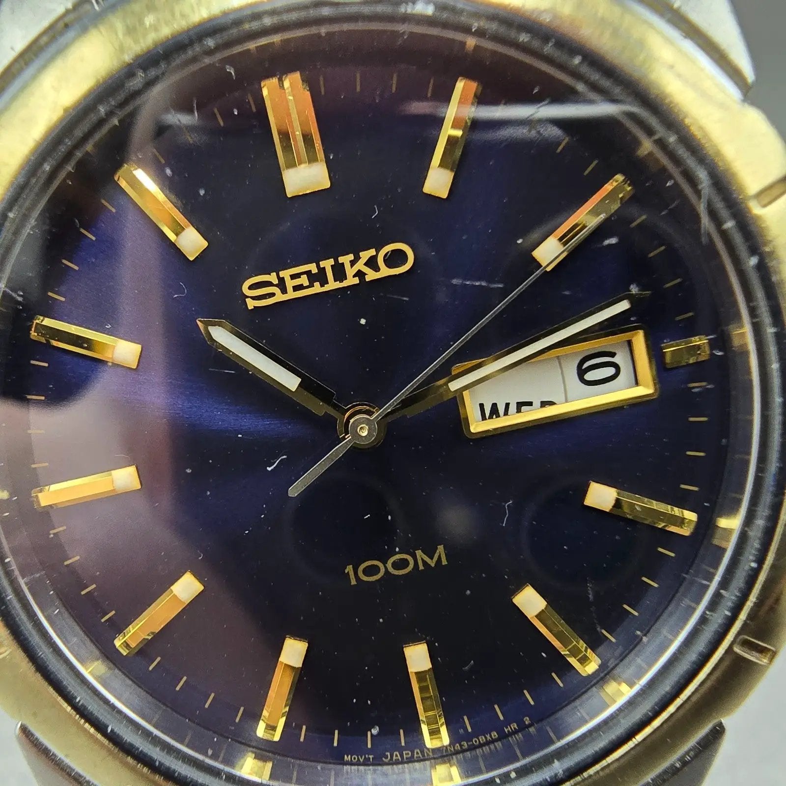 Seiko Watch Men 38mm Blue Dial Two Tone Daydate Round 7N43-0AZ0 New Battery L1