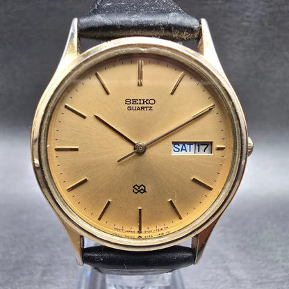 Seiko SQ Watch Men 33mm Gold Dial Gold Tone Daydate Round 5Y23-7079 New Battery1