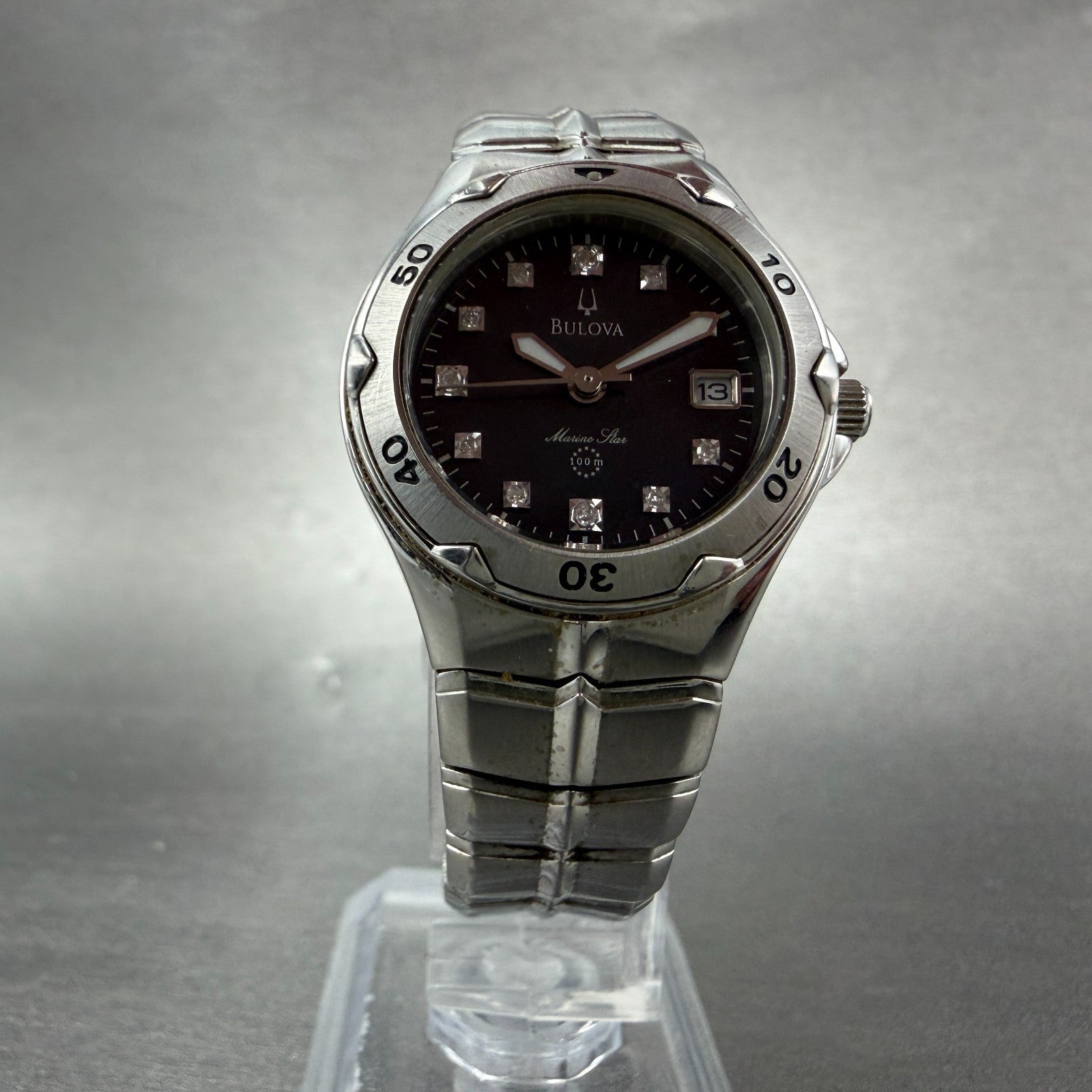 Bulova Marine Star Dive Watch Women 27mm MOP Dial Steel Date Round 96P12 New Bat5