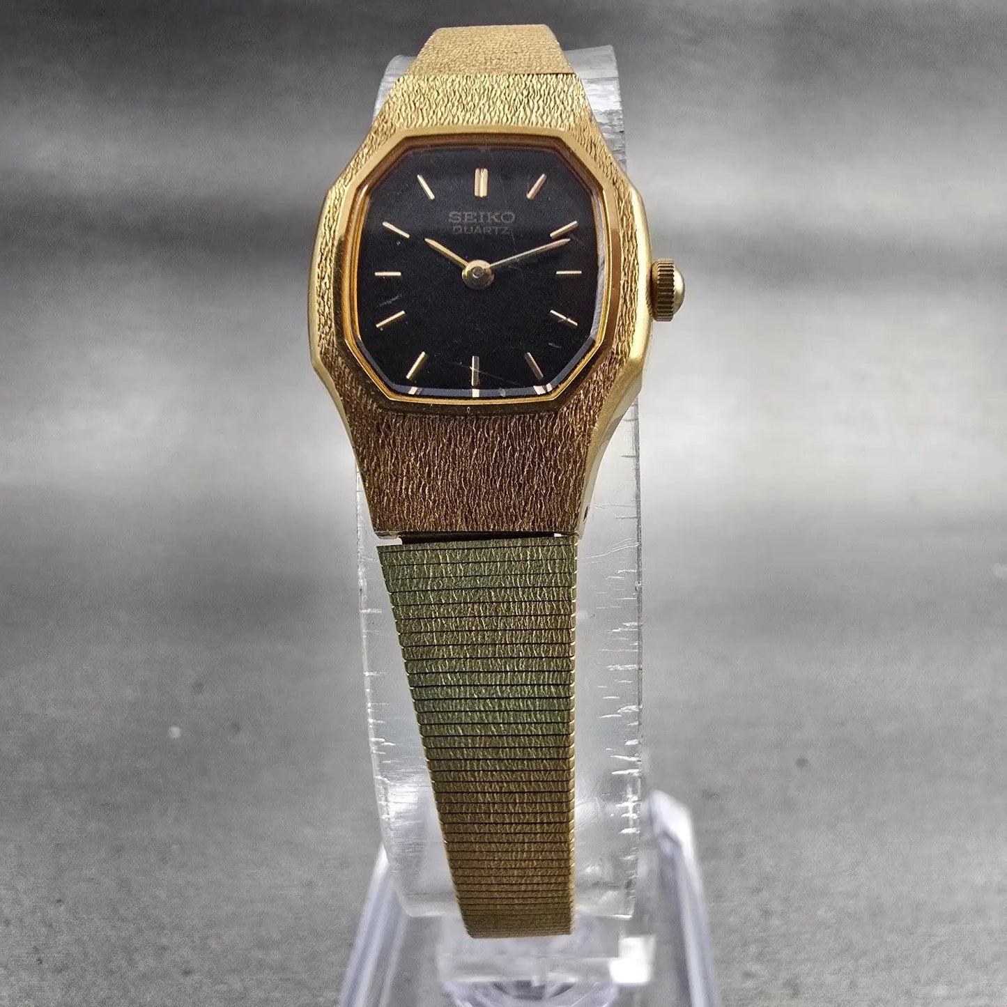 Seiko Watch Women 17mm Black Dial Gold Tone Octagon 1N00-5B29 New Battery VTG5