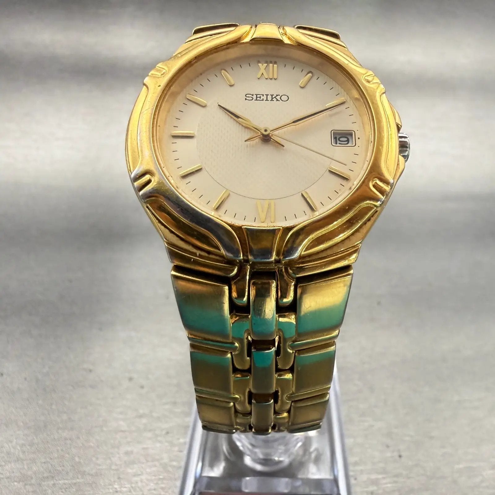 Seiko Watch Men 36mm Ivory Dial Gold Tone Date Round 7N42-6C10 New Battery VTG5
