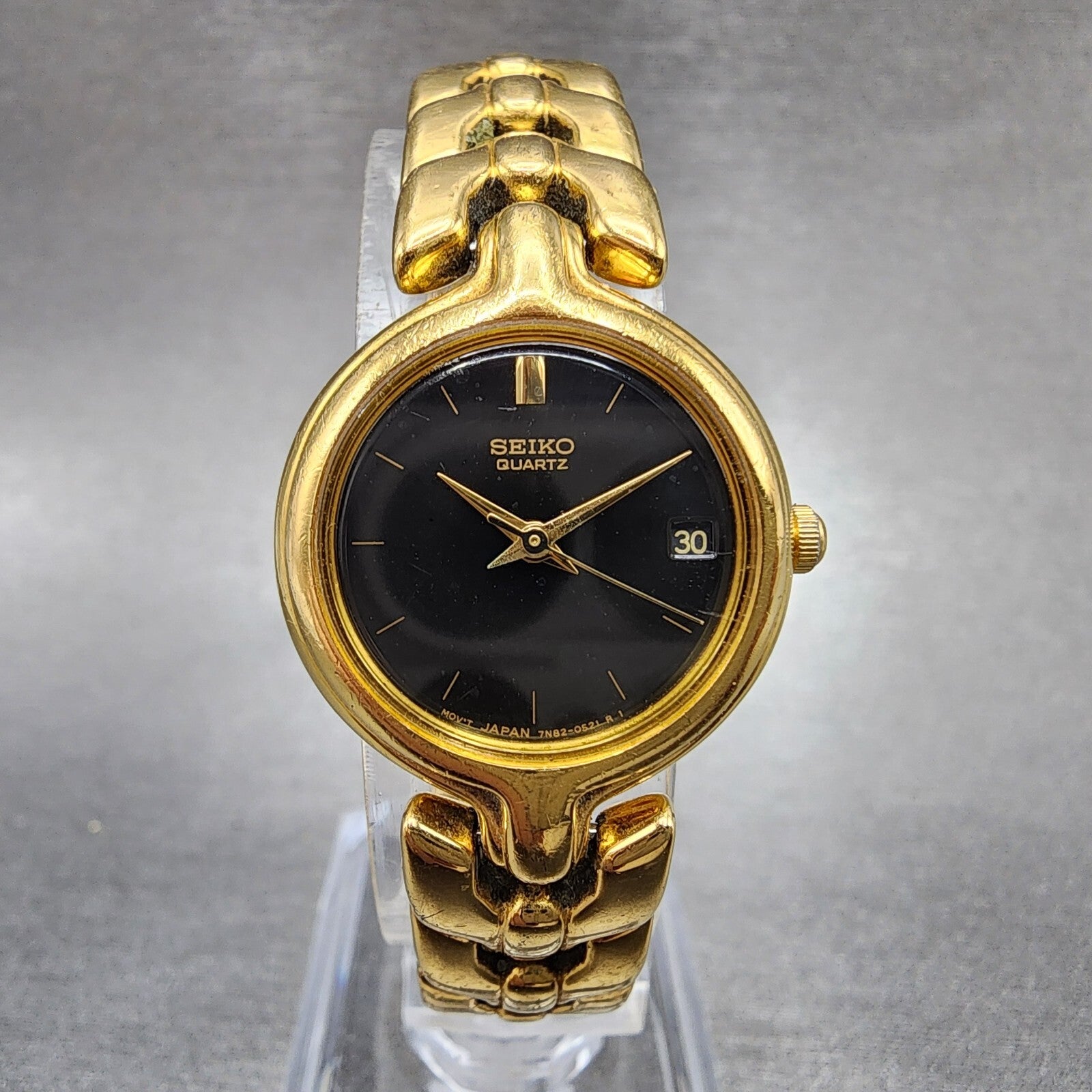 Seiko Watch Women 23mm Black Dial Gold Tone Date Round 7N820248 New Battery0