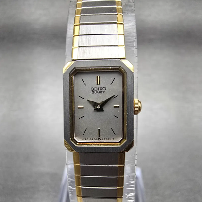 Seiko Tank Watch Women 13mm Silver Dial Two Tone Rectangle 1E20-5520 New Battery0