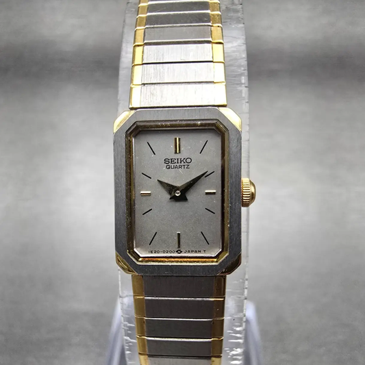 Seiko Tank Watch Women 13mm Silver Dial Two Tone Rectangle 1E20-5520 New Battery0