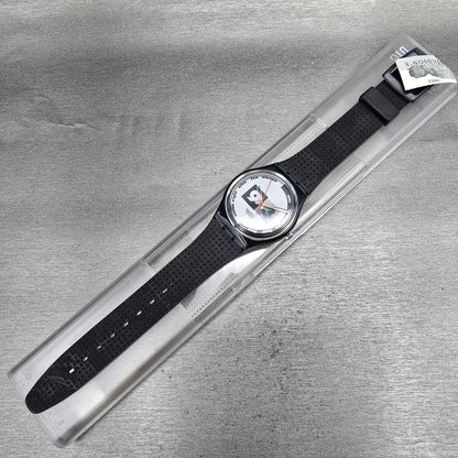Swatch Nüni Watch Men 34mm Silver Dial Black Tone Round GM108 New Battery NOS16