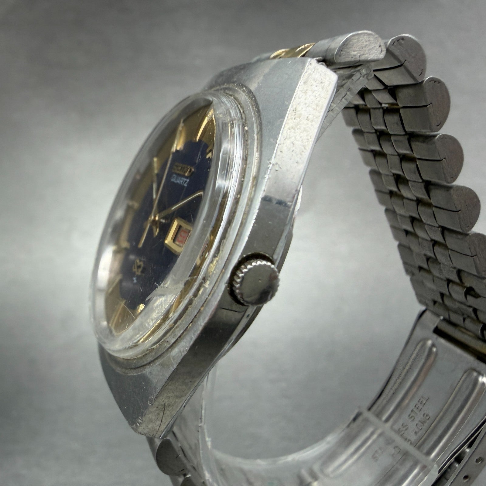 Seiko SQ Watch Men 35mm Blue Dial Two Tone Daydate Round 7123-8450 New Battery2