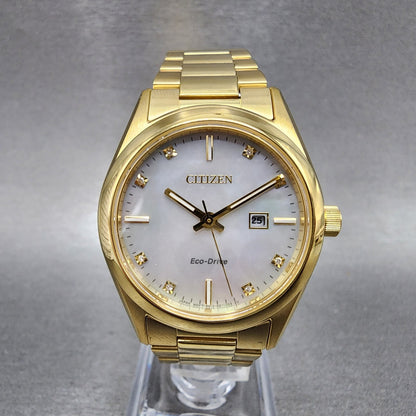 Citizen EcoDrive Watch Women 33mm MOP Dial Gold Tone Date Round EW270259D0