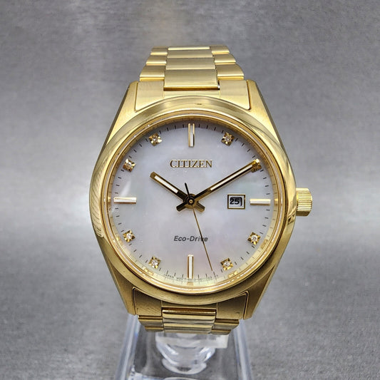 Citizen EcoDrive Watch Women 33mm MOP Dial Gold Tone Date Round EW270259D0