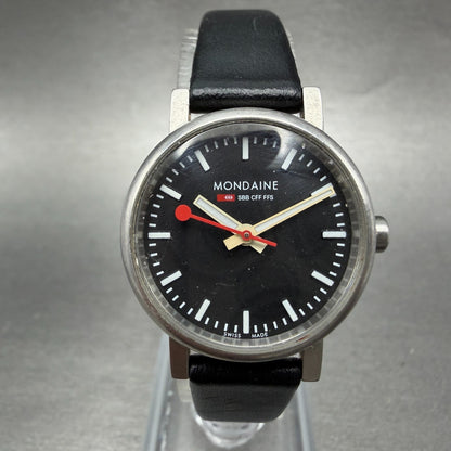 Mondaine Watch Women 26mm Black Dial Silver Tone Round Leather New Battery0