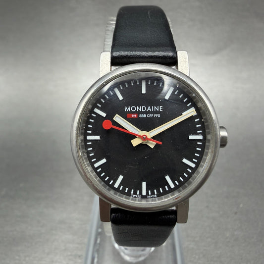 Mondaine Watch Women 26mm Black Dial Silver Tone Round Leather New Battery0