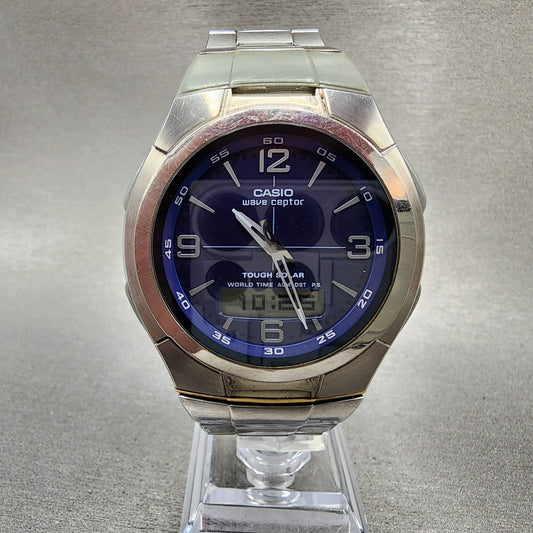 Casio Wave Ceptor WVH100J Watch Men 42mm Blue Dial Analog Digital Steel Works0