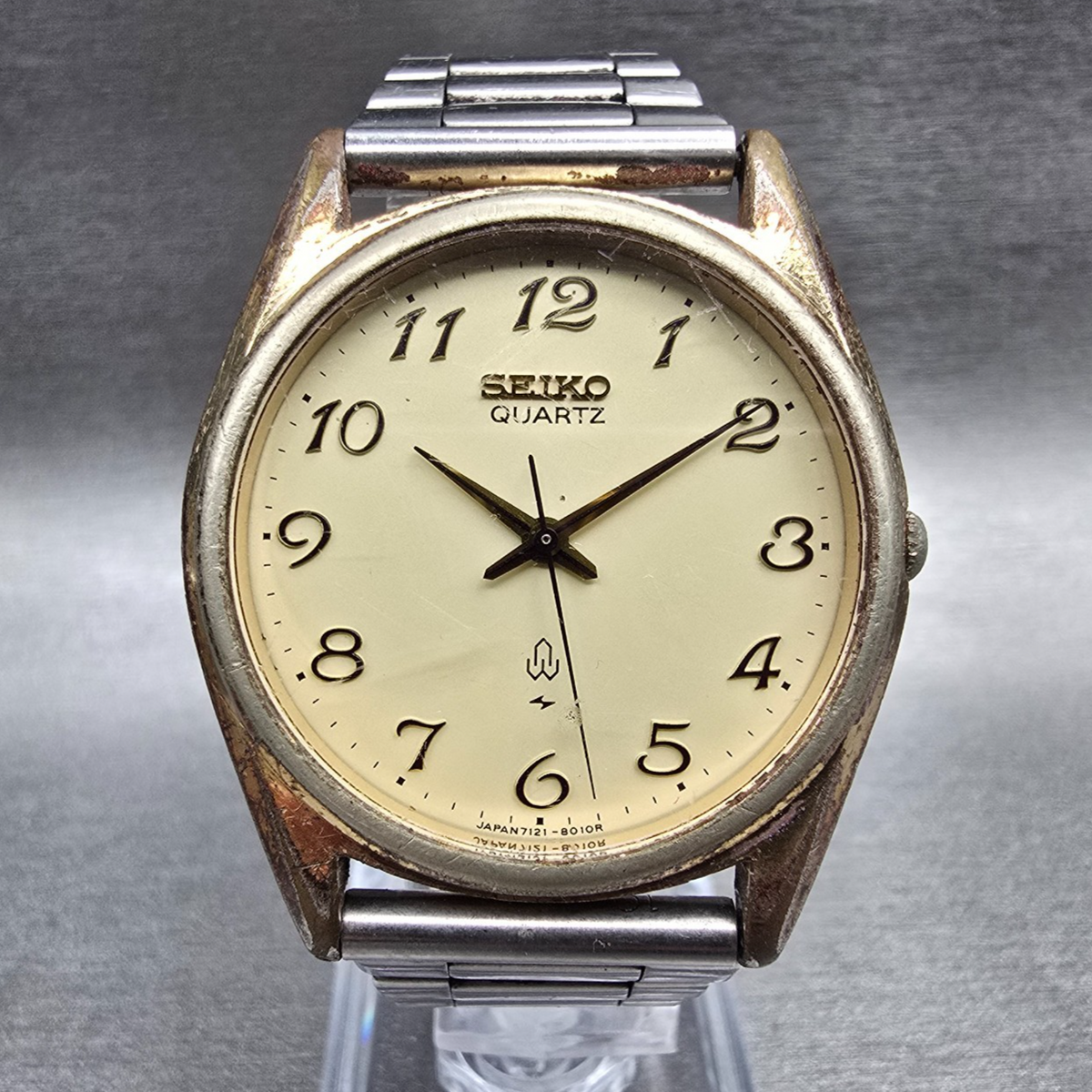 Seiko Watch Men 34mm Champagne Dial Gold Tone Round 7121-8000 New Battery0